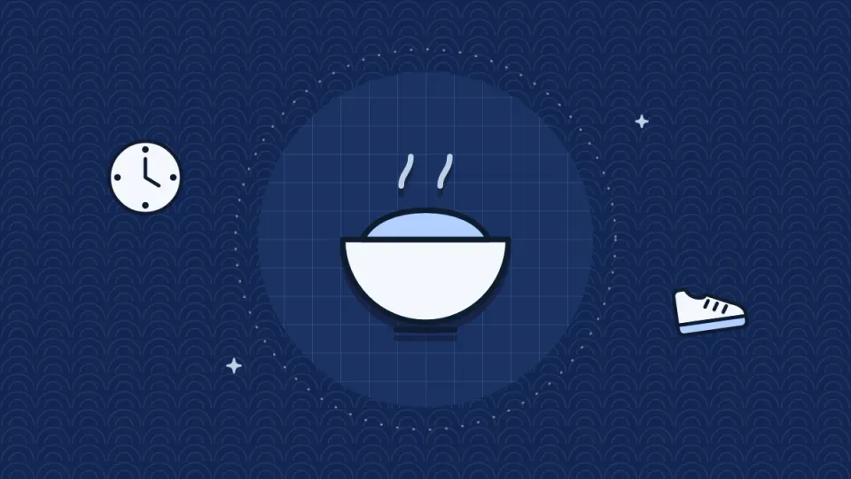 Cara diet cepat yang aman: perubahan bertahap yang bertahan — Ilustrasi mangkuk makanan hangat di dalam lingkaran berpetak, dengan jam di kiri dan sepatu jalan di kanan.
