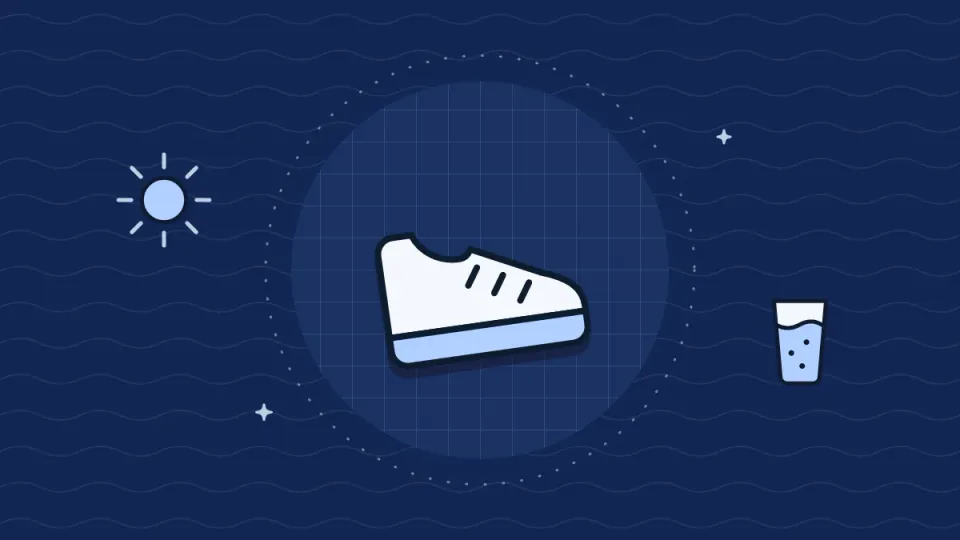 Manfaat lari pagi untuk kesehatan dan cara memulainya — Ilustrasi sepatu jalan di dalam lingkaran berpetak, dengan matahari di kiri dan segelas air di kanan.